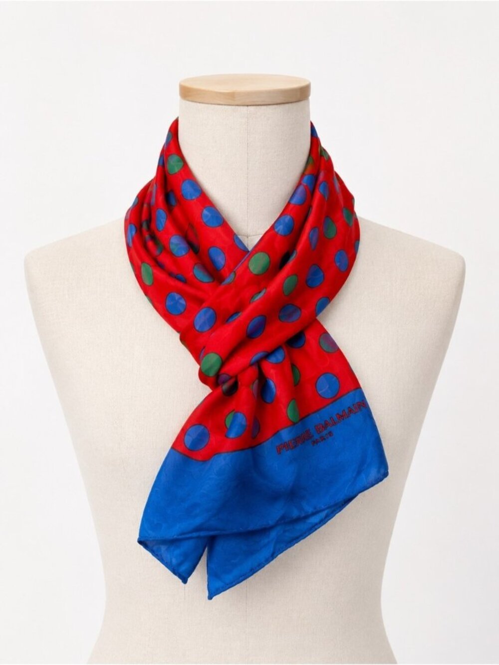 PIERRE BALMAIN Vintage 100% Silk Scarf French Luxury Designer Red Blue Polka Dot